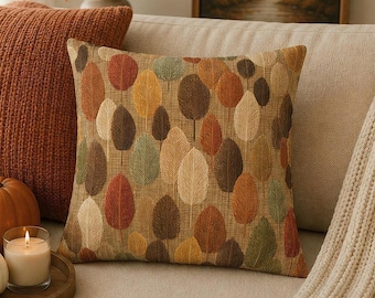 Autumn Leaves Pillow Cover, Neutral Fall Throw Pillowcase, Faux Woven Tapestry Botanical Cushion Case, Cozy Rustic Farmhouse Home Decor Gift