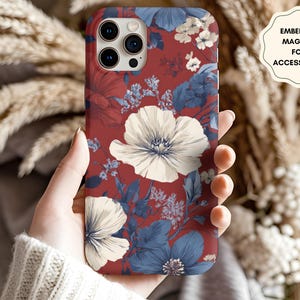 Floral Americana iPhone Case for Her Wife Army Navy Friend with Red White Blue Flowers Patriotic 4th July Memorial Gift MagSafe 13 14 15 16