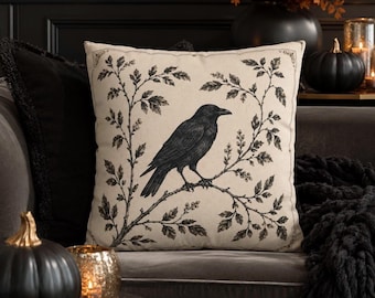 Raven Pillow Cover, Gothic Halloween Throw Pillowcase, Black Bird Couch Cushion Case, Vintage Botanical  Autumn Home Decor, Witchy Fall Gift