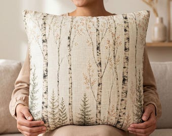 Funda de almohada con diseño de abedul, funda de cojín decorativa con estampado de bosque, funda de cojín neutra para sofá, decoración rústica y elegante para el hogar, regalo de naturaleza para otoño e invierno.