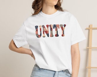 Unity Faux Patchwork T-Shirt, Patriotic USA Quilt Style Graphic Tee, Americana Aesthetic Fourth of July Rustic Cottagecore Top Gift for Her