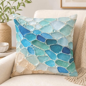 Sea Glass Pillow Cover, Coastal Mosaic Throw Pillowcase, Blue Beach House Cushion, Ocean Inspired Sofa Decor Gift