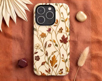 Faux Stained Glass Fall Floral Phone Case, Autumn Leaves Botanical iPhone Cover, Art Nouveau Design Samsung Galaxy Pixel MagSafe Tough Gift