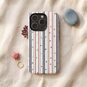 Striped Patriotic Phone Case, July 4th Classic Americana Aesthetic, Red White Blue Star Pattern, Vintage Summer iPhone Galaxy Pixel Cover
