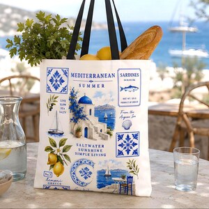 Mediterranean Tote, Santorini Greece Beach Gift for Her Trip, Greek Island Reusable Market Bag, Blue White Coastal Summer Vacation Travel image 5