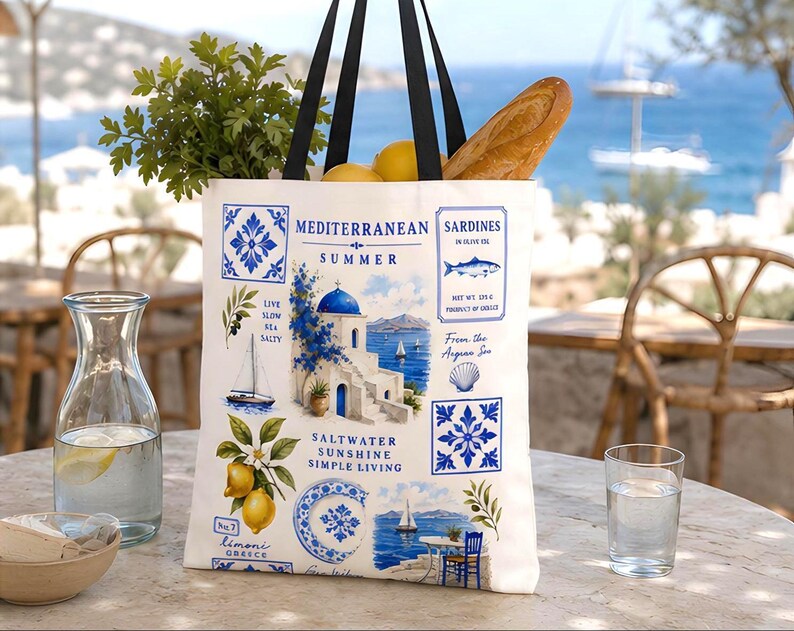 Mediterranean Tote, Santorini Greece Beach Gift for Her Trip, Greek Island Reusable Market Bag, Blue White Coastal Summer Vacation Travel image 5