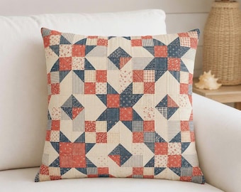 Faux Patchwork Quilt Pillow Cover, Vintage Americana Farmhouse Decor, Red White Blue Quilt Style Cushion, Rustic Country Throw Pillowcase