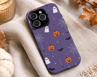 Ghost Halloween Doodle Phone Case, Purple Cream Spooky iPhone Cover, Pumpkin Bat Fall Samsung Galaxy Pixel MagSafe Tough Gift for Her & Him