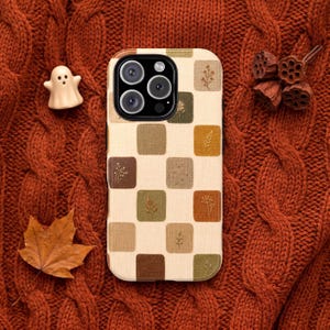 Patchwork Botanical Phone Case, Faux Embroidered Checkered iPhone, Autumn Quilt Checkerboard, Cottagecore Samsung Galaxy Pixel Cover Gift