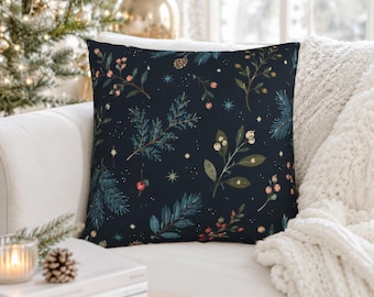 Navy Botanical Christmas Pillow Cover, Winter Berry Cushion Case, Vintage Woodland Throw Pillowcase, Cozy Cottage Holiday Home Decor Accent