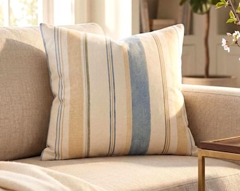 Coastal Pinstripe Pillow Cover, Blue Beige Stripe Throw Pillowcase, Beach House Decor Nautical Stripe Cushion Case, Farmhouse Home Accent