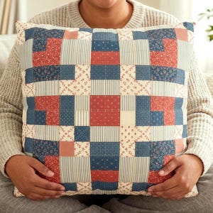 Faux Patchwork Pillow Cover Americana Style, Quilted Look Farmhouse Cushion Case, Vintage Red Blue Cottage Decor Patriotic Rustic Pillowcase