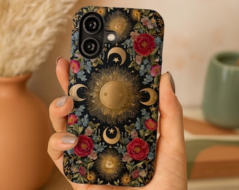 Dark Feminine Celestial iPhone Case for Spiritual Aesthetic Lover, Black Floral Sun Moon Phone Cover, Mystical MagSafe Tough Protective Case