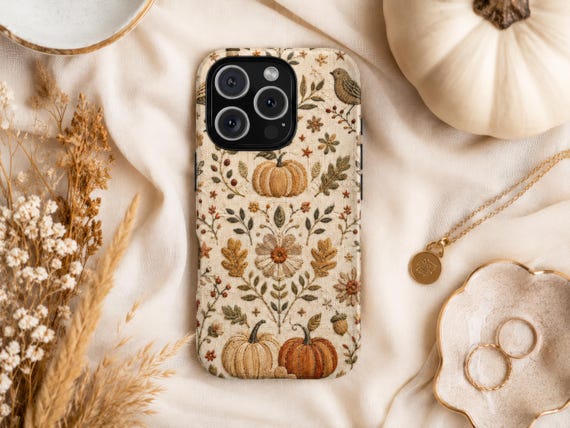 Faux Embroidered Pumpkin Phone Case, Autumn Bird Floral iPhone Cover, Cottagecore Fall Design for Samsung Galaxy Pixel MagSafe Tough Case