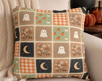 Faux Patchwork Ghost Pillow Cover, Halloween Throw Pillowcase, Spooky Cute Cottagecore Decor, Whimsical Celestial Floral Autumn Cushion Case