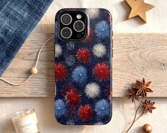 Patriotic Fireworks Phone Case, Red White Blue Sparkler Pattern July 4th Americana iPhone Galaxy Pixel MagSafe Tough Phone Cover Summer Gift