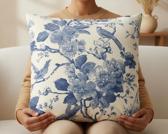 Blue Toile Pillow Cover, Vintage Floral Bird Print, French Cottagecore Decor, Classic Blue and White Accent, Heirloom Style, Nature Art Gift
