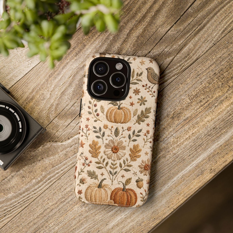 Faux Embroidered Pumpkin Phone Case, Autumn Bird Floral iPhone Cover, Cottagecore Fall Design for Samsung Galaxy Pixel MagSafe Tough Case image 4