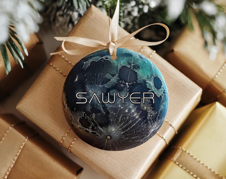 A space gift ornament of planet mercury with a custom name.