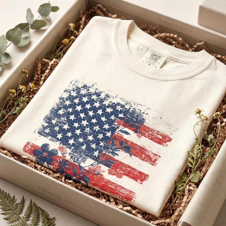 May include: Cream-coloured t-shirt with a distressed American flag design, featuring blue stars, red stripes, and floral accents. The shirt is folded in a gift box with decorative paper and sprigs of greenery.