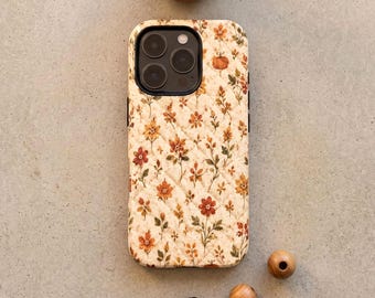 Faux Quilted Fall Floral Phone Case, Pumpkin Wildflower iPhone Cover,  Autumn Cottagecore Design for Samsung Galaxy Pixel MagSafe Tough Gift