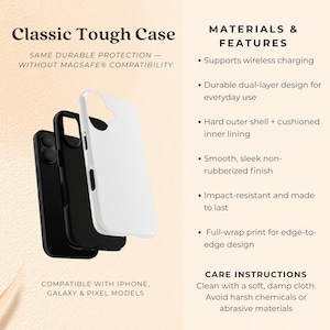 May include: Three phone cases in black and white, stacked to show the design. The text reads "Classic Tough Case" and lists features like wireless charging and a dual-layer design. Compatible with iPhone, Galaxy & Pixel models.
