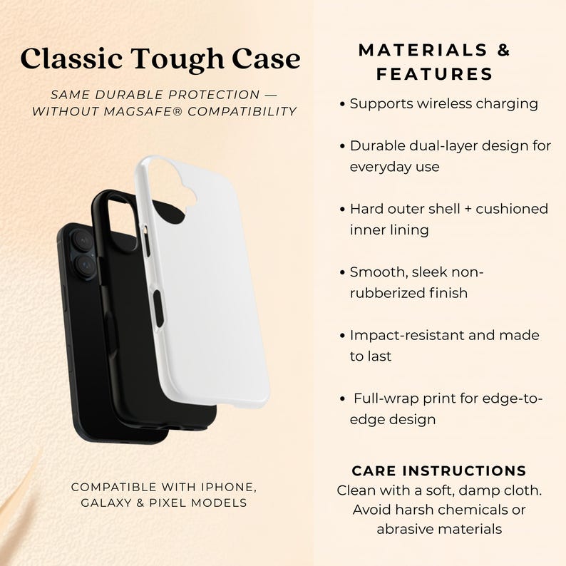 May include: Three phone cases in black and white, stacked to show the design. The text reads "Classic Tough Case" and lists features like wireless charging and a dual-layer design. Compatible with iPhone, Galaxy & Pixel models.