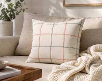 Windowpane Pillow Cover, Neutral Farmhouse Throw Pillowcase, Red Blue Grid Plaid Cushion Case Minimal Rustic Americana Home Decor Style Gift