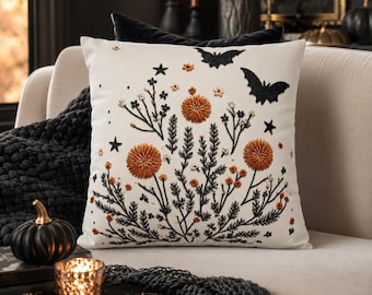 Bat Floral Halloween Pillow Cover, Faux Embroidered Throw Pillowcase, Spooky Home Decor, Witchy Cottagecore Orange Flowers Cushion Case Gift