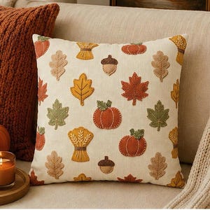 Fall Harvest Pillow Cover, Faux Patchwork Autumn Leaves Throw Pillowcase, Pumpkin Pattern Cushion Case, Cozy Cottagecore Home Decor Accent
