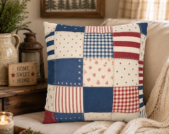Patriotic Faux Patchwork Pillow Cover, Americana Cottage Home Decor, Vintage Quilt Style Fourth of July Throw Pillowcase, USA Cushion Case