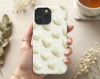 White Heart iPhone Case, Her Pearl Pattern Romantic Style Galentine's Day & Valentine Gift, Self-Love MagSafe Compatible Everyday Aesthetic
