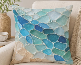 Funda de almohada con diseño de cristal marino, funda de cojín decorativa con mosaico costero, cojín azul estilo casa de playa, regalo de decoración para sofá inspirado en el océano.