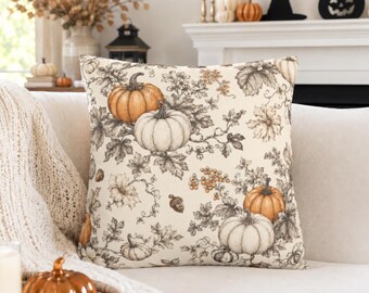 Vintage Pumpkin Botanical Pillow Cover, Neutral Fall Cushion Case, Toile Harvest Throw Pillowcase, Cottagecore Autumn Cozy Home Decor Accent
