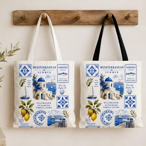 Mediterranean Tote, Santorini Greece Beach Gift for Her Trip, Greek Island Reusable Market Bag, Blue White Coastal Summer Vacation Travel image 2