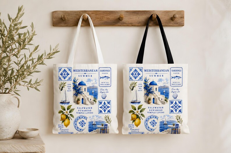 Mediterranean Tote, Santorini Greece Beach Gift for Her Trip, Greek Island Reusable Market Bag, Blue White Coastal Summer Vacation Travel image 2