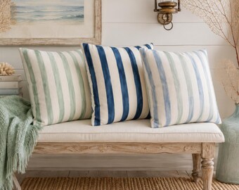 Beach Stripe Pillow Cover, Lake House Throw Pillowcase, Watercolor Striped Cushion Case, Coastal Cottage Decor, Blue Green Pattern Accent