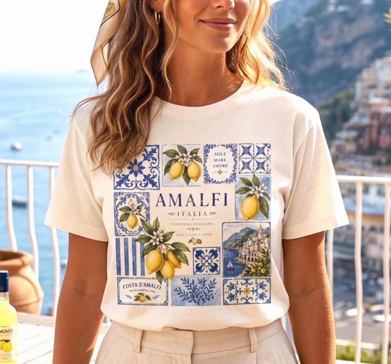 Amalfi Tile Lemon Shirt, Italy Vacation Outfit, Italian Ceramic Mediterranean Pattern T-Shirt Coastal Europe Amalfi Coast Top Gift for Women Ivory