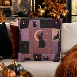 Black Cat Halloween Throw Pillow Cover, Witchy Cat Faux Patchwork Pillowcase, Celestial Gothic Home Decor Accent Printed Cushion Case Gift