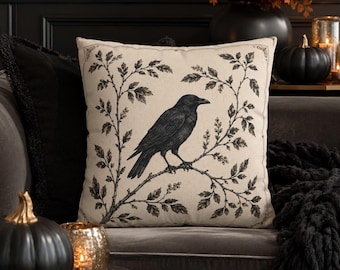 Raven Pillow Cover, Gothic Halloween Throw Pillowcase, Black Bird Couch Cushion Case, Vintage Botanical  Autumn Home Decor, Witchy Fall Gift