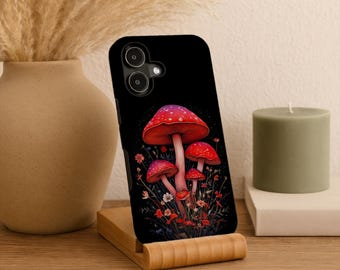 Red Cottagecore Mushroom iPhone Case, Dark Botanical Fantasy Aesthetic Witchy Gift for Nature Lovers, MagSafe Compatible for Everyday Style