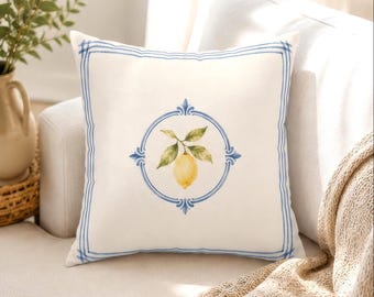 Lemon Pillow Cover, Mediterranean Throw Pillowcase, Blue and White Coastal Decor, Amalfi Coast Cottage Cushion Case, French Country Accent