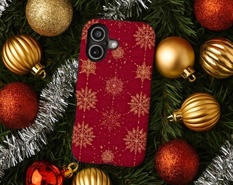 Red Christmas Snowflakes iPhone Case- Embroidery Effect Stocking Stuffer Gift for Her, MagSafe 13 14 15 16 17 Plus, Pro Max, Air Phone Cover