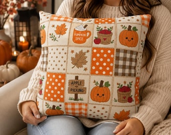 Pumpkin Faux Patchwork Pillow Cover, Fall Throw Pillowcase, Apple Picking Pumpkin Spice Pillowcase, Cottagecore Autumn Farmhouse Decor Gift