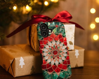 Christmas Mosaic Art iPhone Case with Stained Glass Effect- Her Stocking Stuffer Gift, MagSafe 13 14 15 16 17 Plus Pro Max Air Phone Cover