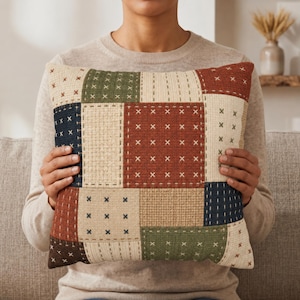 Faux Patchwork Autumn Pillow Cover,  Geometric Quilt Look Throw Pillowcase, Rustic Couch Cushion Case, Farmhouse Fall Decor Cabin Accent
