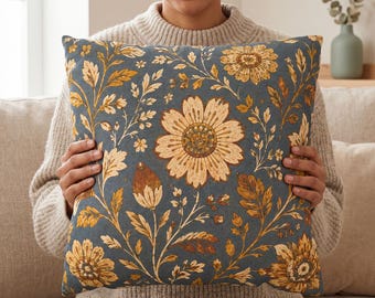 Blue Floral Pillow Cover, Vintage Botanical Autumn Throw Pillowcase, Cottagecore Couch Cushion Case, Cozy Fall Farmhouse Decor Gift for Home