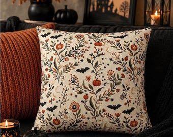 Cottagecore Halloween Pillow Cover, Neutral Spooky Pumpkin Toile Throw Pillowcase, Whimsical Bat Floral Fall Cushion Case Home Accent Decor