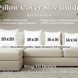 May include: A size guide for pillow covers, featuring four white pillows on a beige sofa. Sizes are 20x20, 18x18, 16x16, and 14x14 inches. The guide highlights key features like double-sided print and concealed zipper closure.