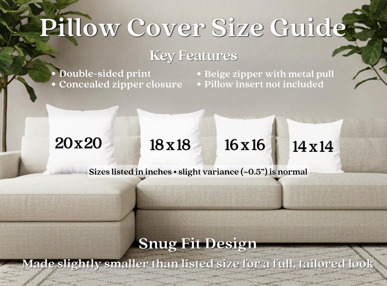 May include: A size guide for pillow covers, featuring four white pillows on a beige sofa. Sizes are 20x20, 18x18, 16x16, and 14x14 inches. The guide highlights key features like double-sided print and concealed zipper closure.